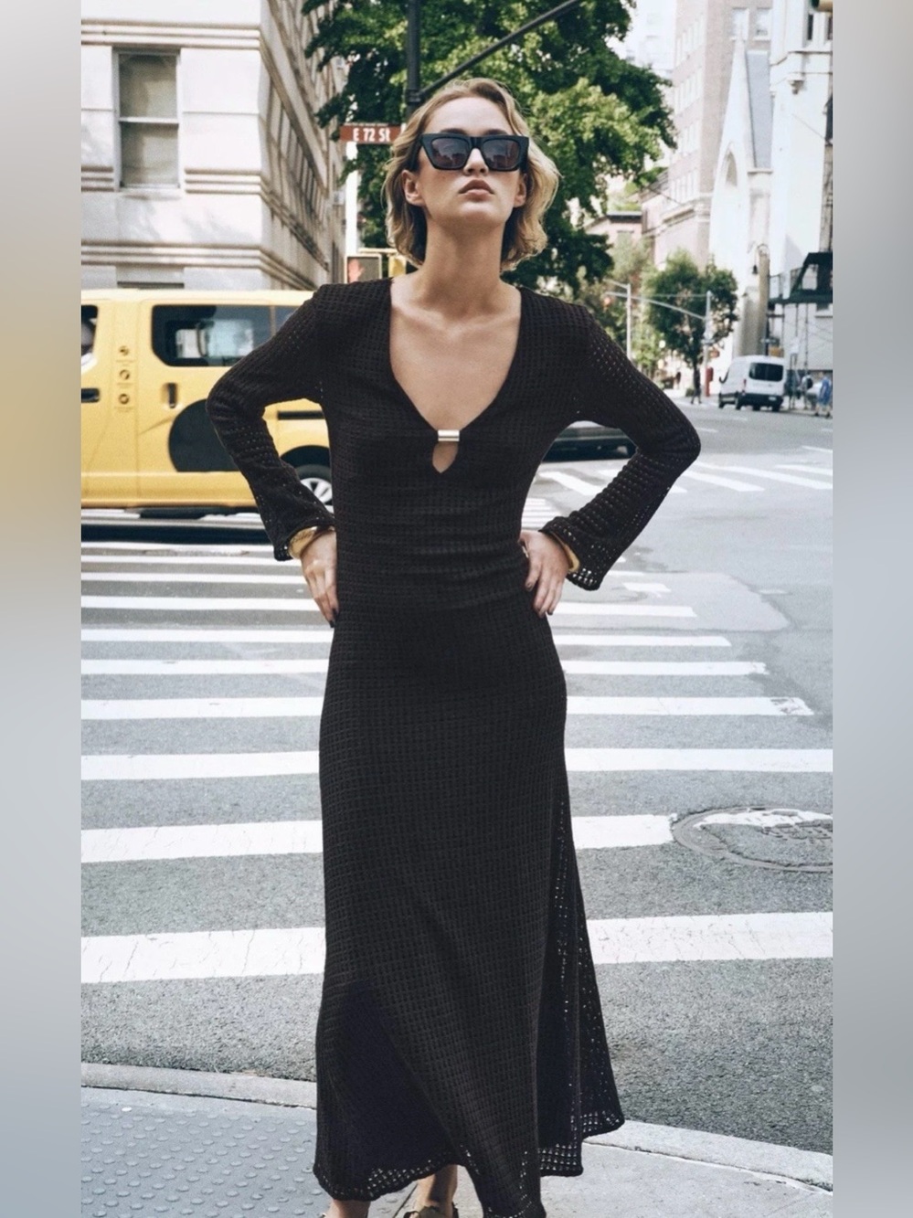 Zara V-neck dress with gold hardware and long sleeves, Brown Size Small NWT